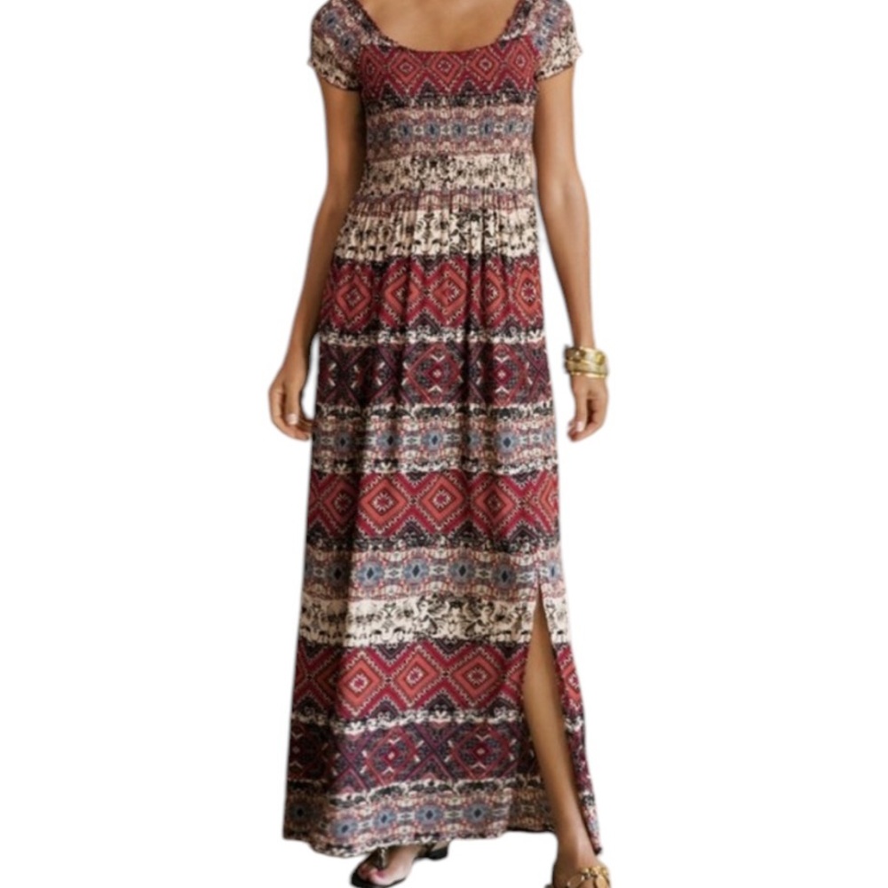 Soft Surroundings "Macelo" Red/Cream Print Short Sleeve Smocked Maxi Dress